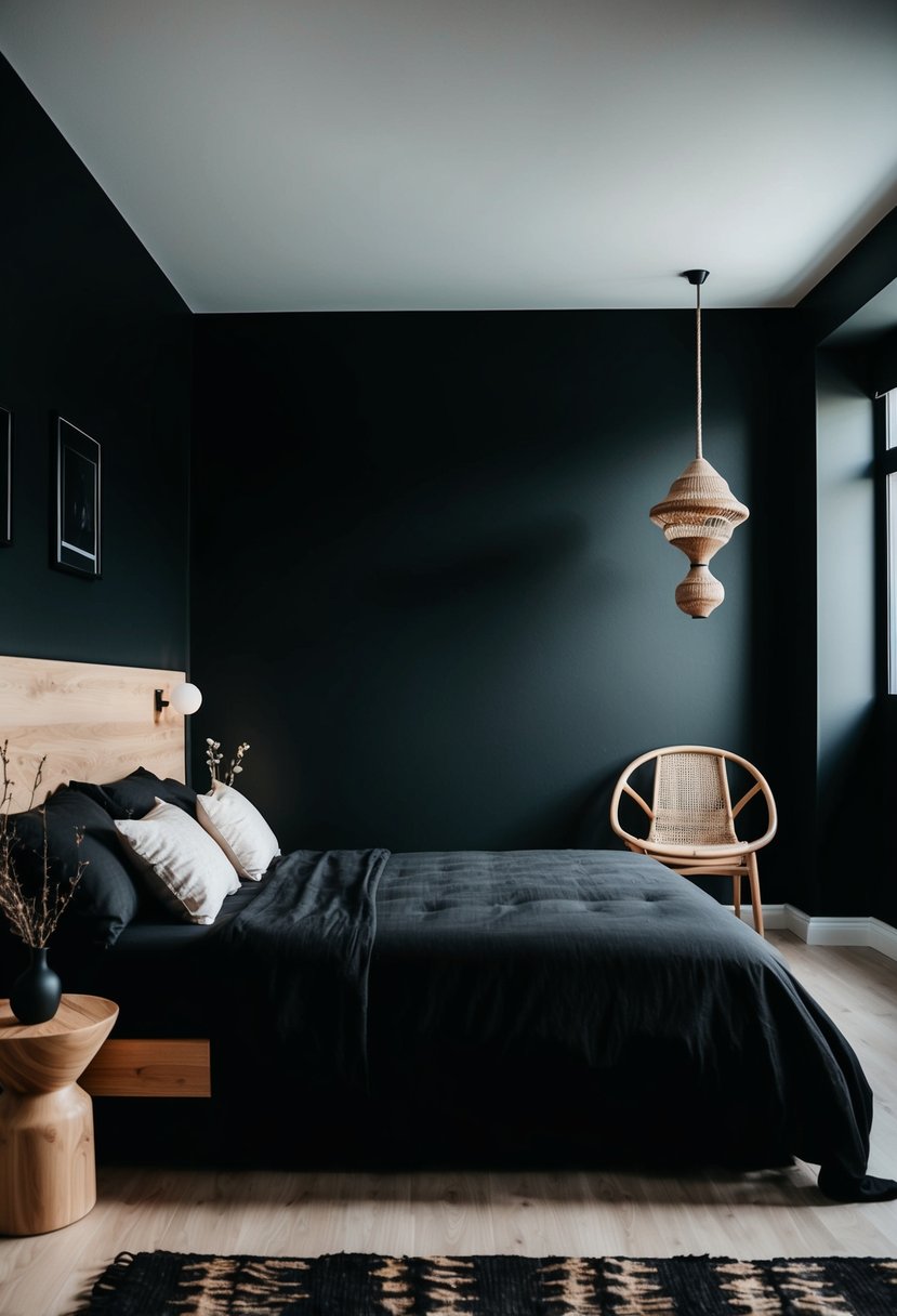 A dark bedroom with black walls and natural wood accents, minimalistic furniture, and dim lighting for a moody and sophisticated aesthetic