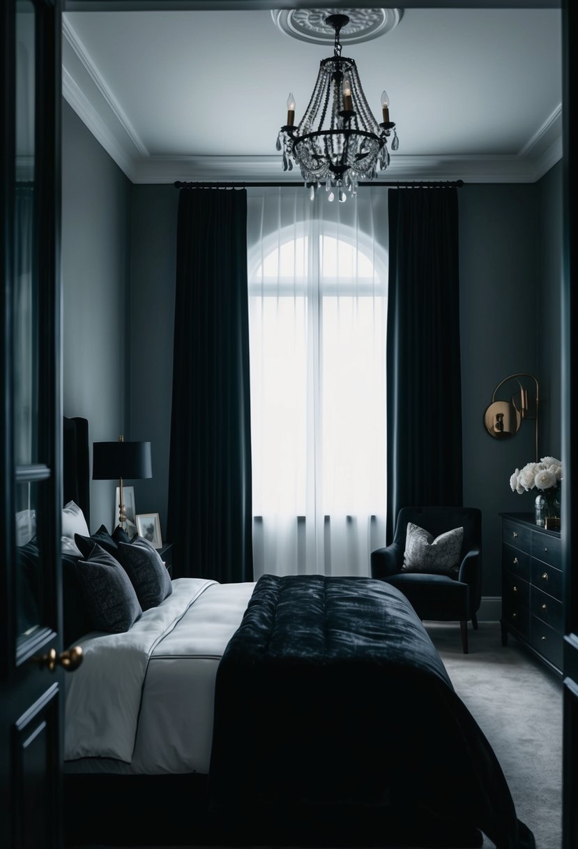 A dimly lit bedroom with black curtains, dark furniture, and moody accessories creating a mysterious and elegant aesthetic