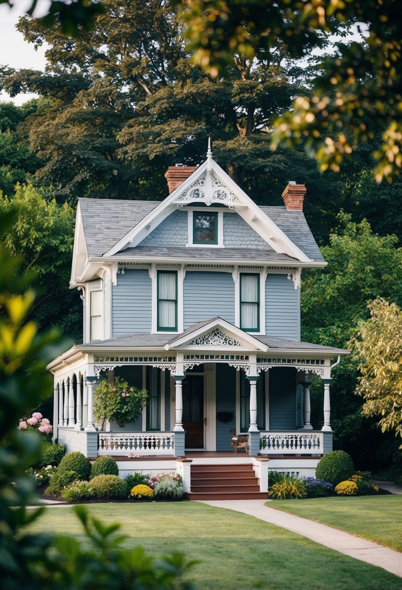 A cozy Victorian cottage surrounded by lush gardens, with ornate trim and a welcoming front porch