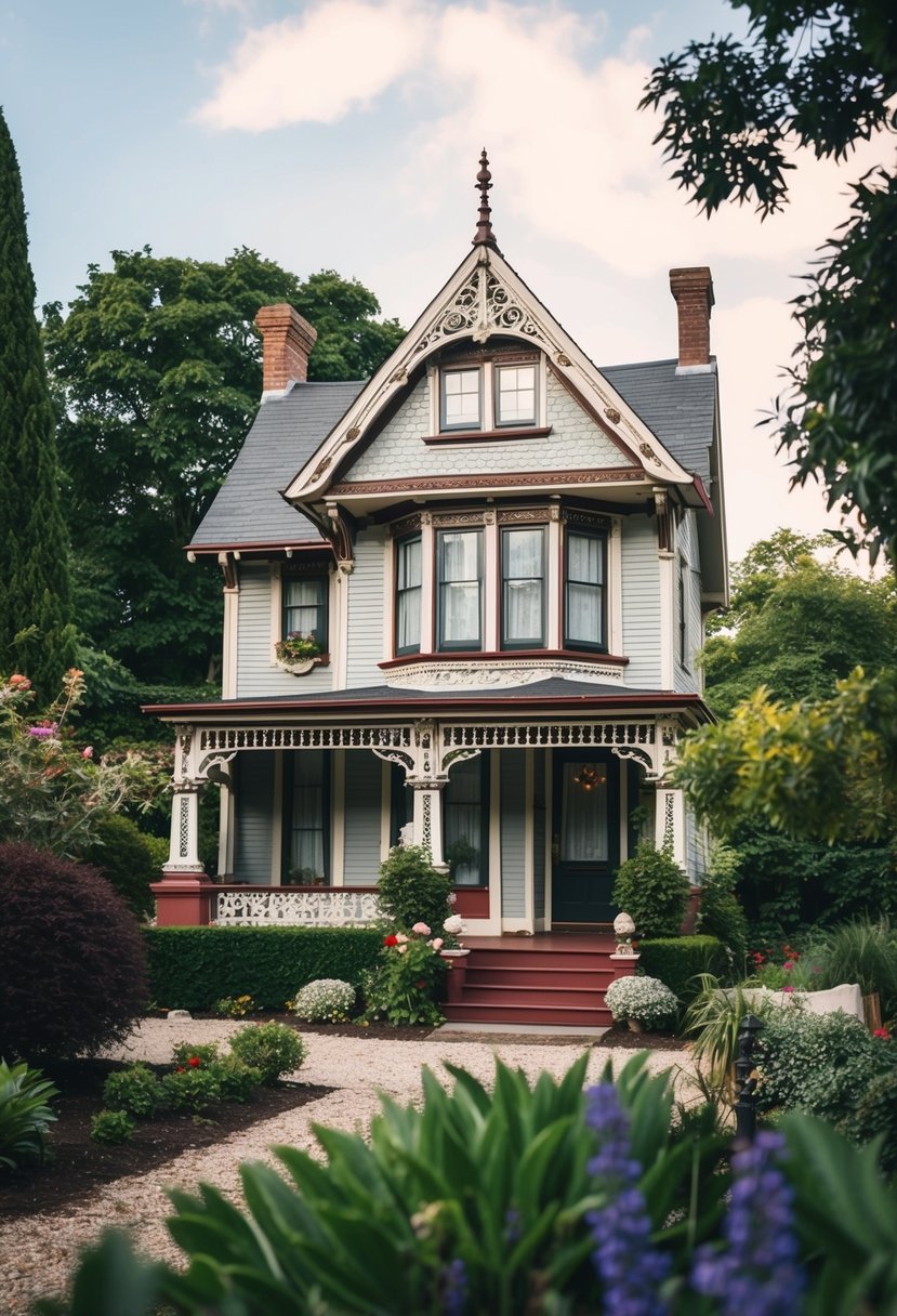 A cozy Victorian cottage with ornate trim, gabled roofs, and decorative details nestled in a quaint garden setting