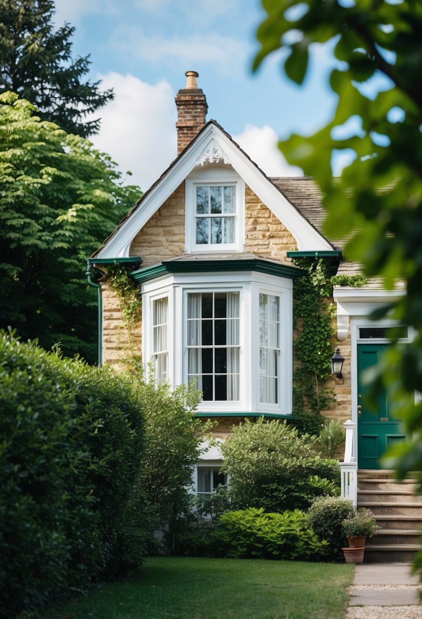 A cozy Victorian cottage with a timeless bay window design, nestled in a small space surrounded by lush greenery