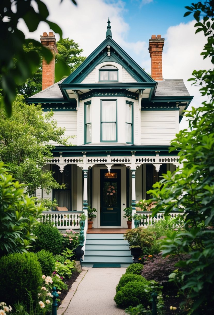 A cozy Victorian cottage nestled among lush gardens, with a charming front porch and intricate trim details, perfect for small spaces