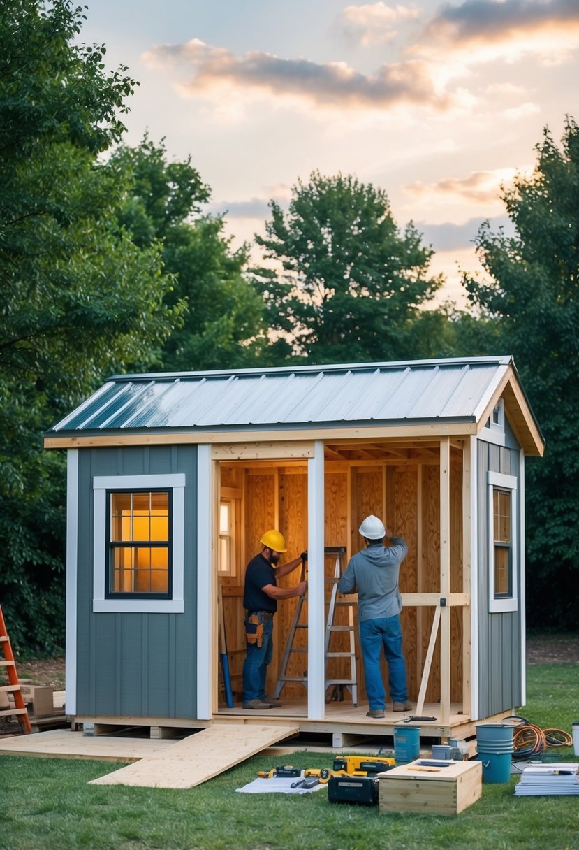 The scene shows a small shed being transformed into a cozy tiny house. Tools, materials, and plans are laid out, with workers measuring and constructing