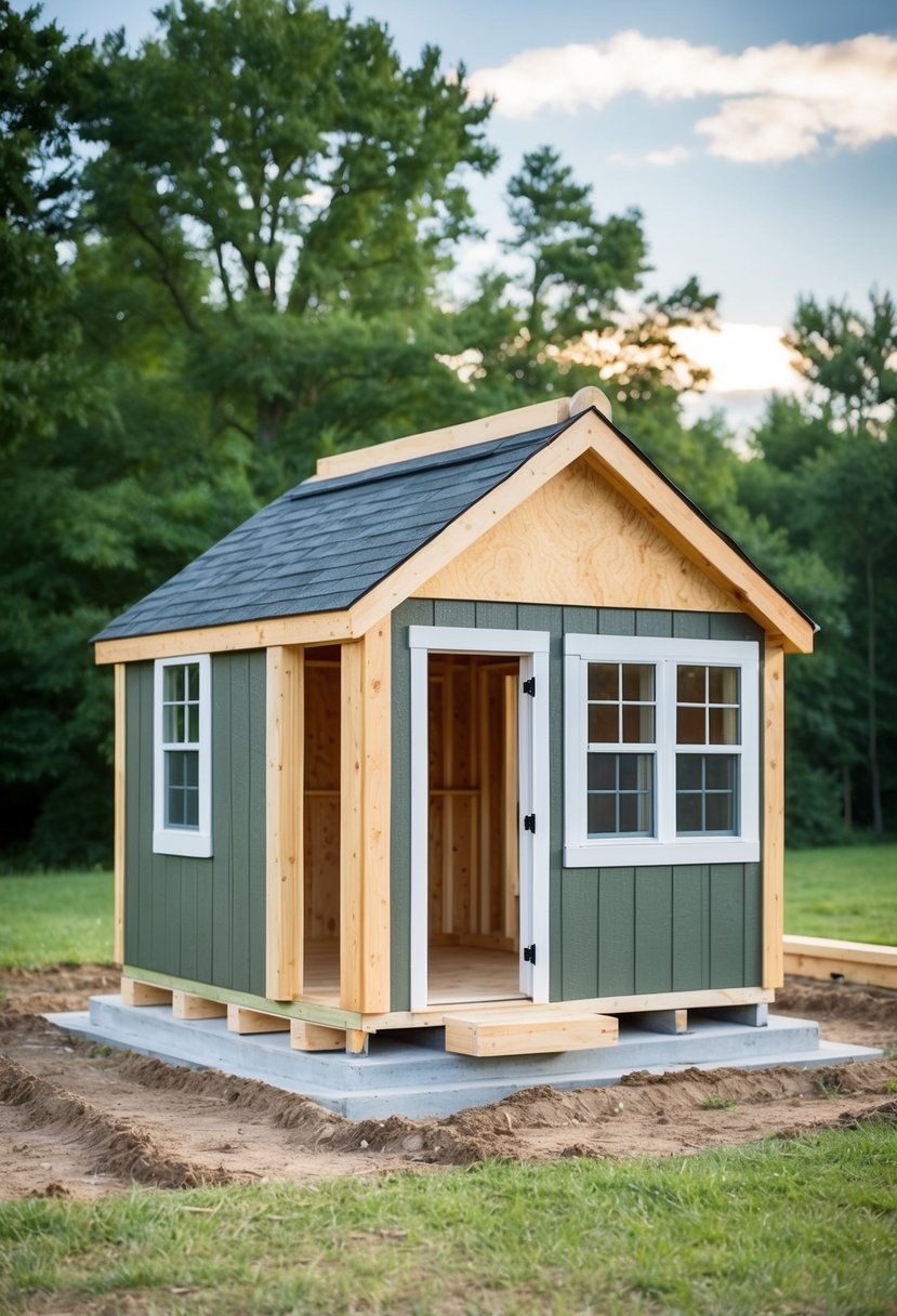A sturdy foundation is laid for a small shed, which is then transformed into a charming tiny house with added windows and a pitched roof