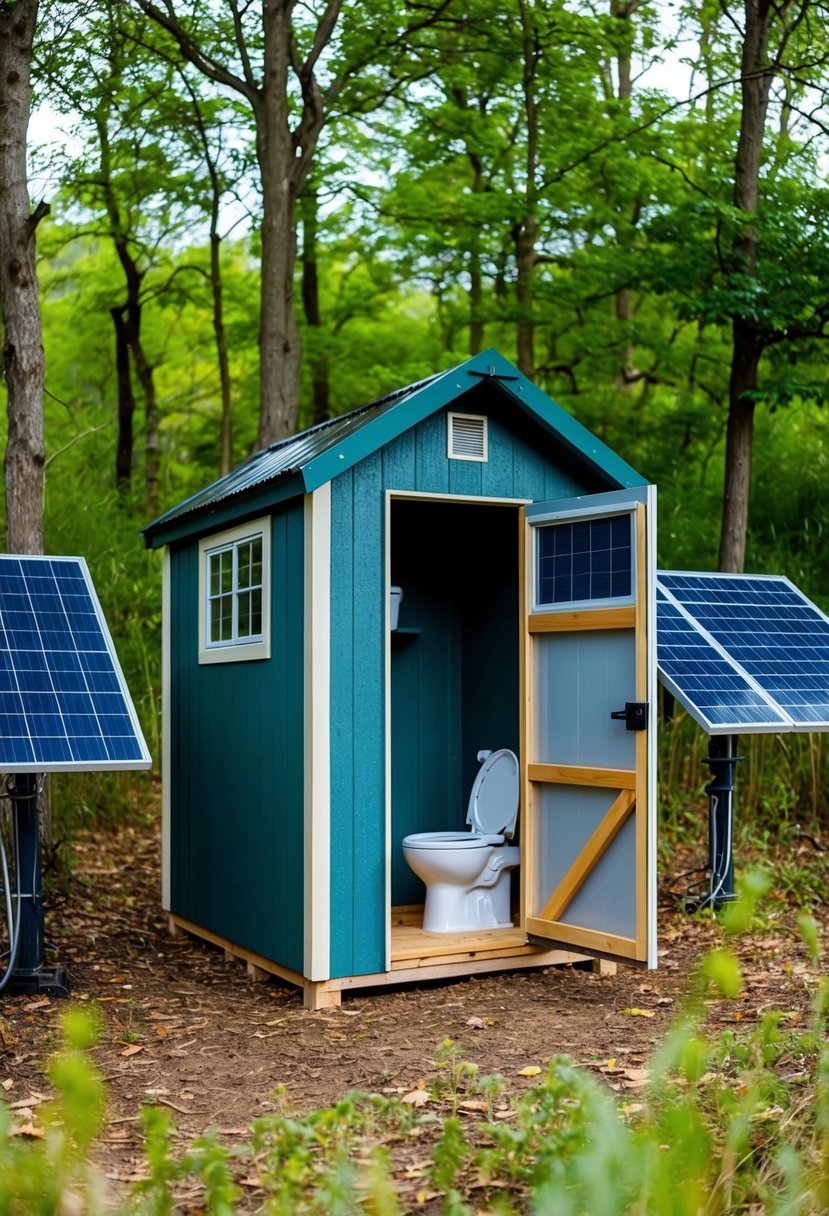 A small shed sits in a wooded area, surrounded by solar panels and a rainwater collection system. A ladder leads to a loft window, and a composting toilet is visible through an open door