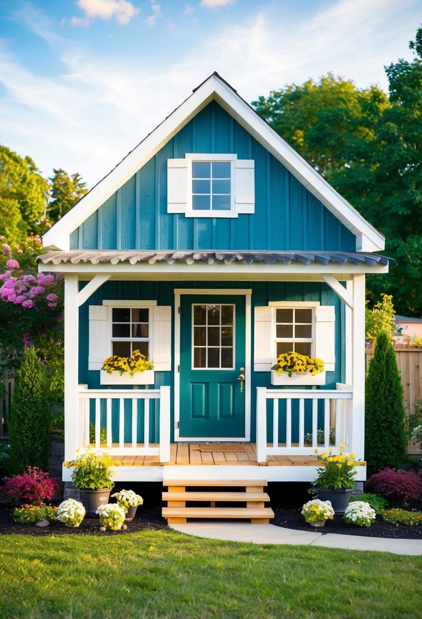 A small shed transformed into a cozy home, with a fresh coat of paint, window boxes with flowers, and a welcoming front porch