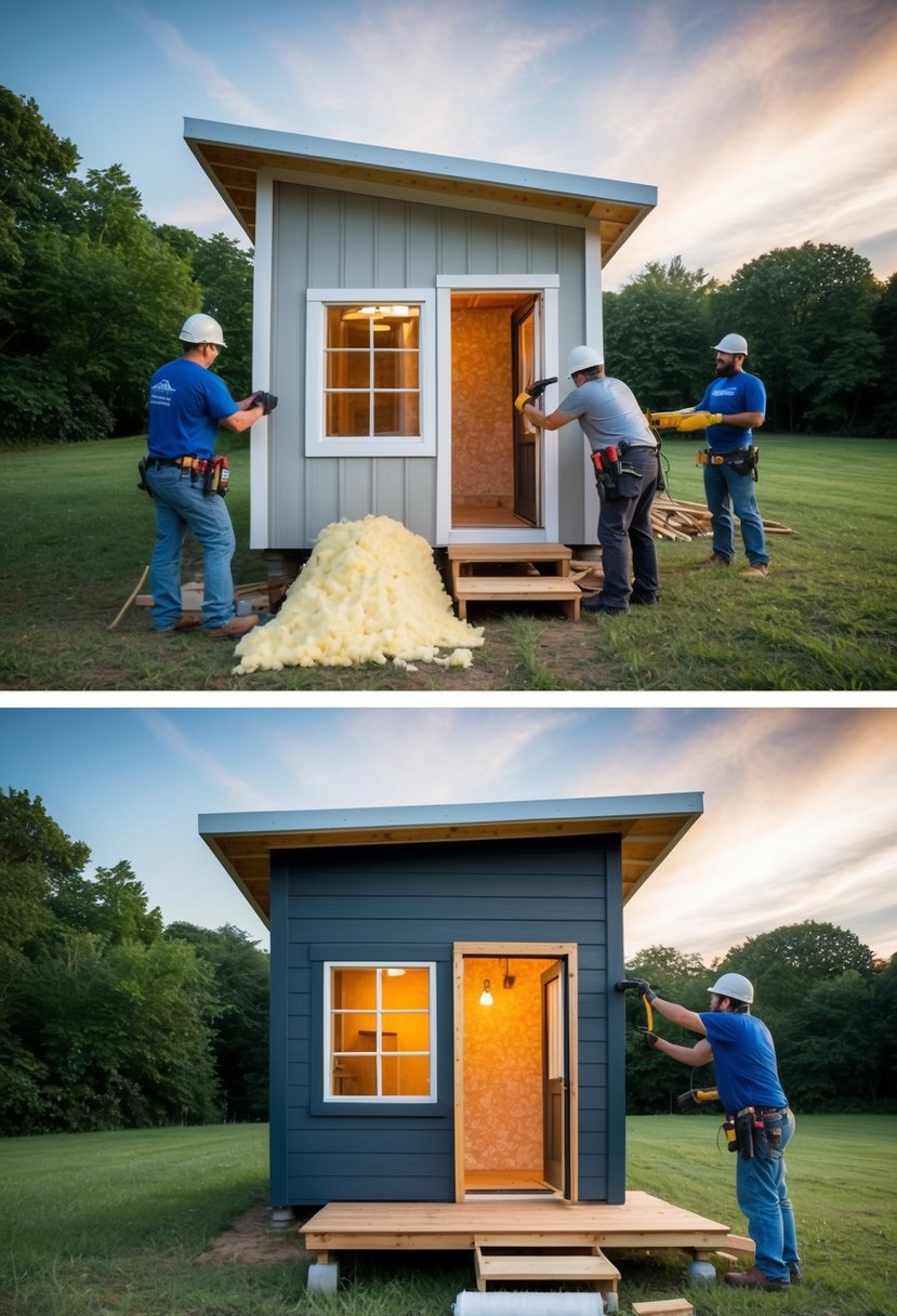 A small shed being transformed into a cozy tiny house, with workers adding insulation, windows, and a front porch