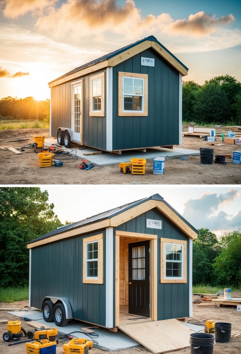 A small shed transforms into a cozy tiny house, with tools and materials scattered around the construction site. Windows and a door are being installed