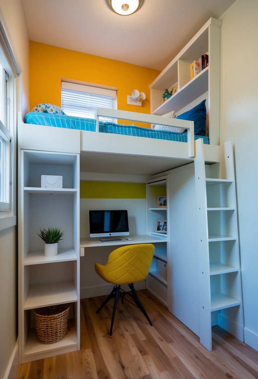A cozy loft bed with a built-in desk and storage shelves tucked into a corner of a tiny bedroom. A bright accent wall adds a pop of color to the space