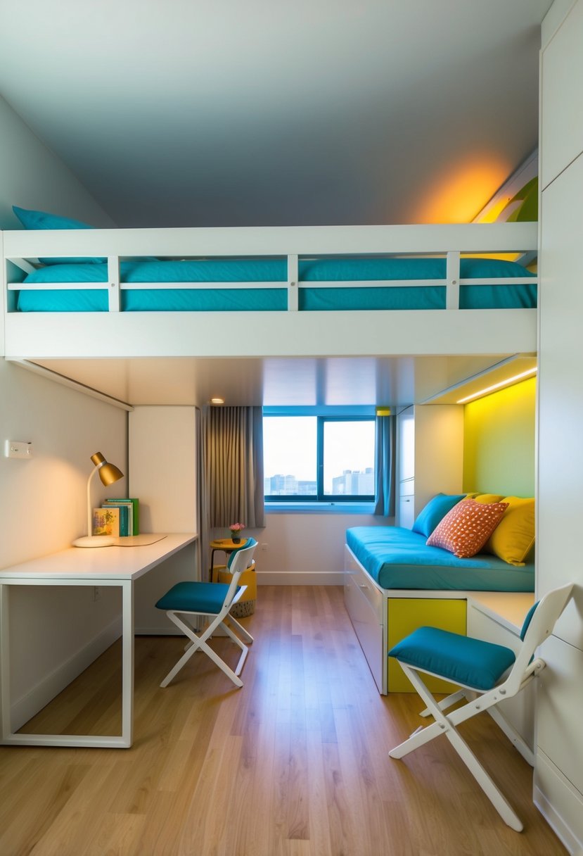 A lofted bed with built-in storage, a wall-mounted desk, and a compact seating area with foldable furniture. Bright colors and minimal clutter create a sense of spaciousness