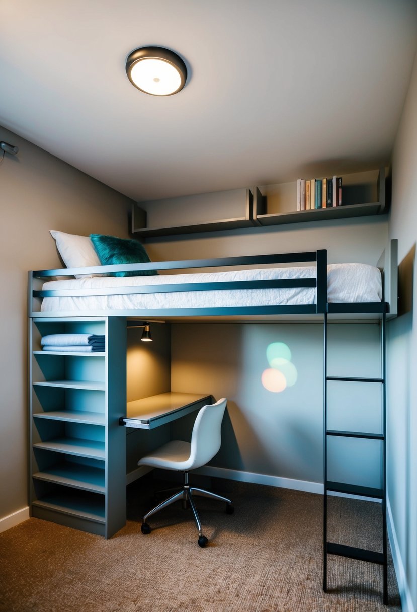 A loft bed with integrated storage, fold-down desk, and wall-mounted shelves in a compact bedroom