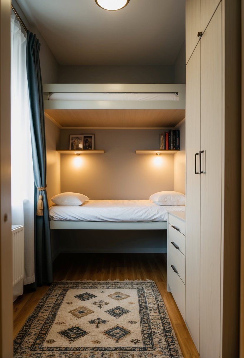A small, cozy bedroom with a loft bed, wall-mounted shelves, and soft lighting. A rug and curtains add warmth to the space