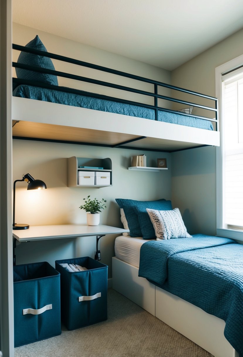 A small bedroom with a lofted bed, under-bed storage bins, wall-mounted shelves, and a fold-out desk maximizing space