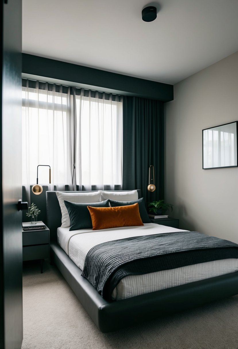 A small, stylish bedroom with a modern bed, sleek furniture, and minimal decor. A color scheme of dark neutrals and pops of bold color