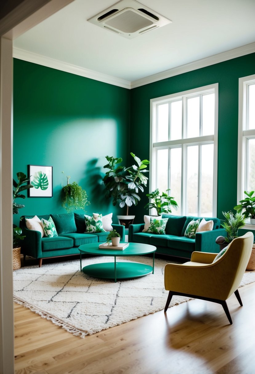 A spacious living room with green accent walls, plants, and furniture. Large windows let in natural light, creating a bright and inviting space