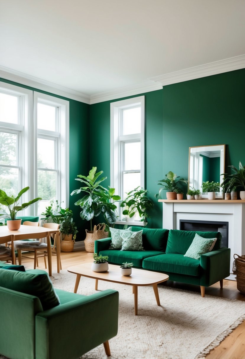 A spacious living room with green walls, a plush green sofa, potted plants, and natural wood furniture, bathed in natural light from large windows