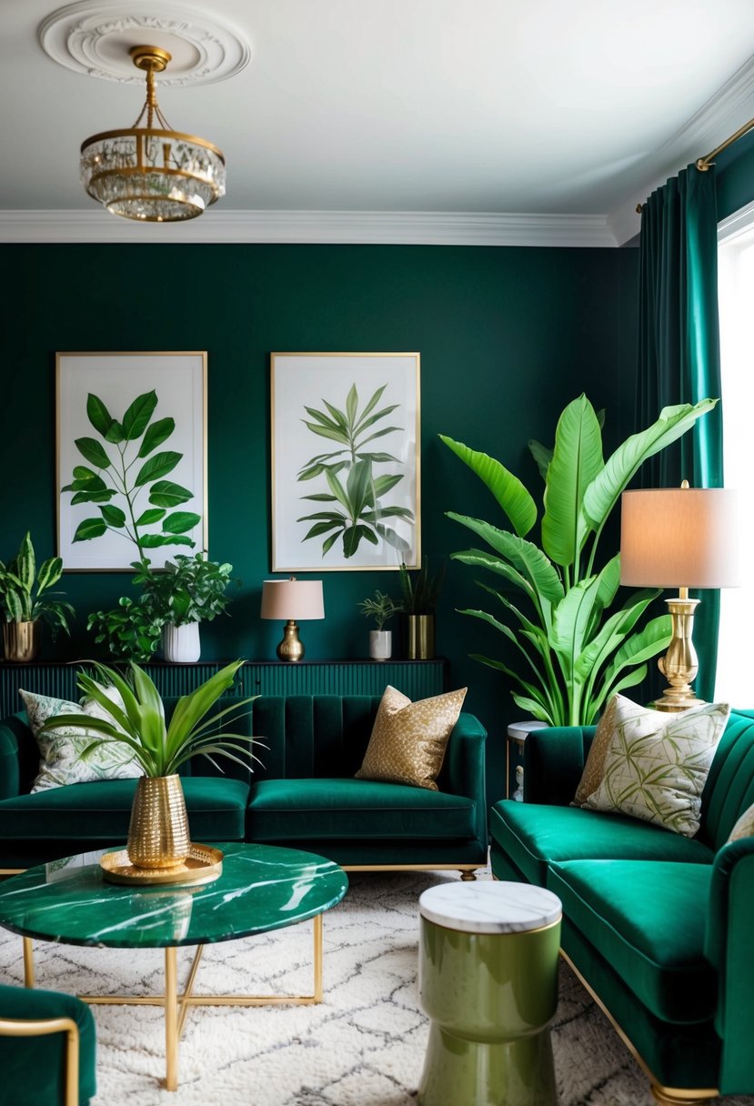 A cozy living room with dark green walls, plush green velvet sofas, leafy plants, and gold accents. Aesthetic decor includes botanical prints, vintage lamps, and a green marble coffee table