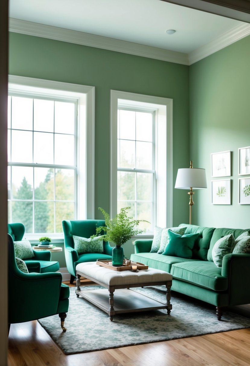 A cozy living room with sage green walls, a plush green sofa, and matching accent chairs. A large window lets in natural light, illuminating the room's green decor