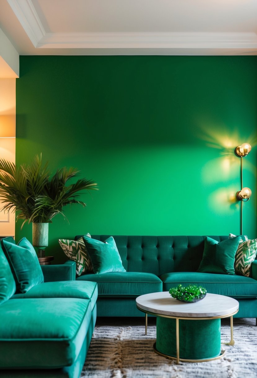 A cozy lounge with a striking green accent wall, adorned with stunning green decor, creating a vibrant and inviting living room space