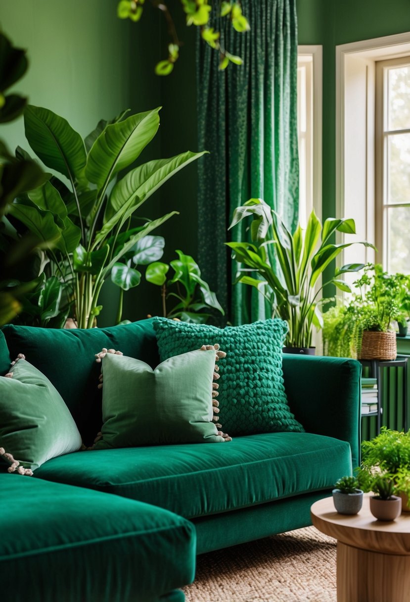 A cozy forest green living room with lush green decor, including plants, pillows, and curtains, creating a serene and natural atmosphere