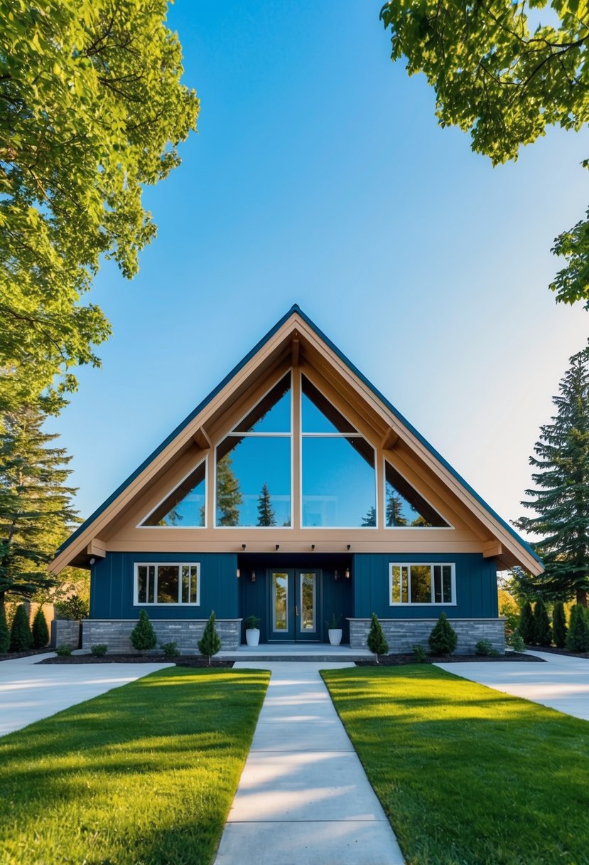 An A-frame house with 10 unique front elevation designs, surrounded by trees and a clear blue sky