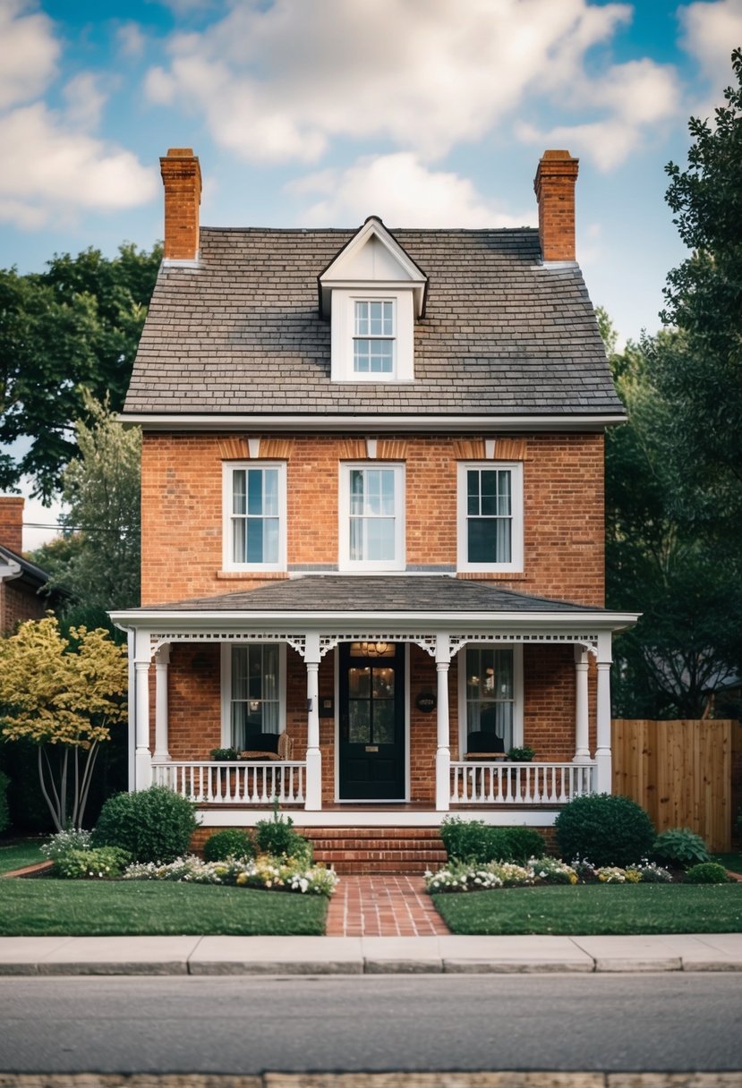 A quaint brick house with a sloping roof and a charming front porch surrounded by a garden