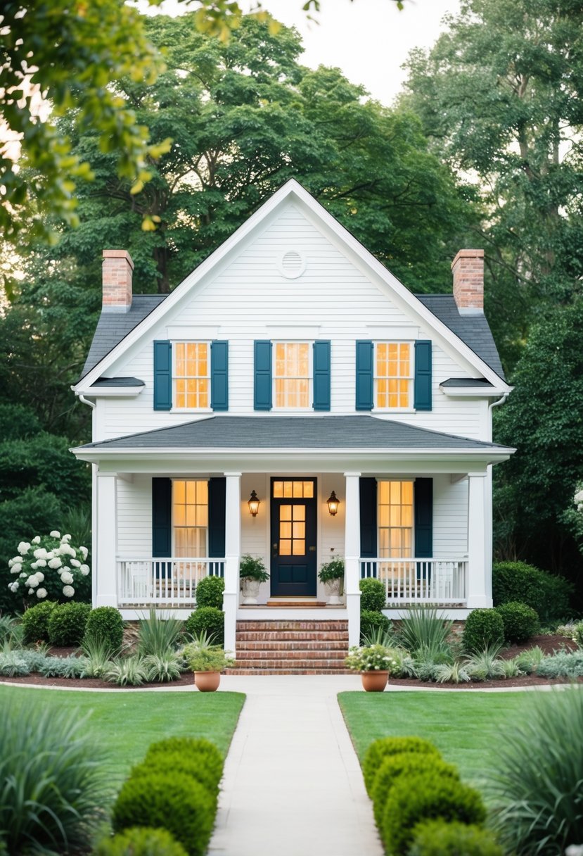 A charming cottage with symmetrical windows, a pitched roof, and a welcoming front porch, surrounded by lush landscaping and a serene atmosphere