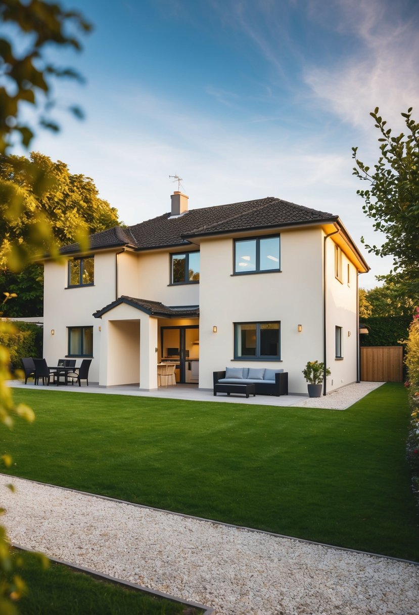 Simple 4 Bedroom House Plans: Efficient Designs for Modern Living 3 A cozy 4-bedroom house with a simple design, featuring a spacious living room, kitchen, and four bedrooms, all surrounded by a well-kept garden