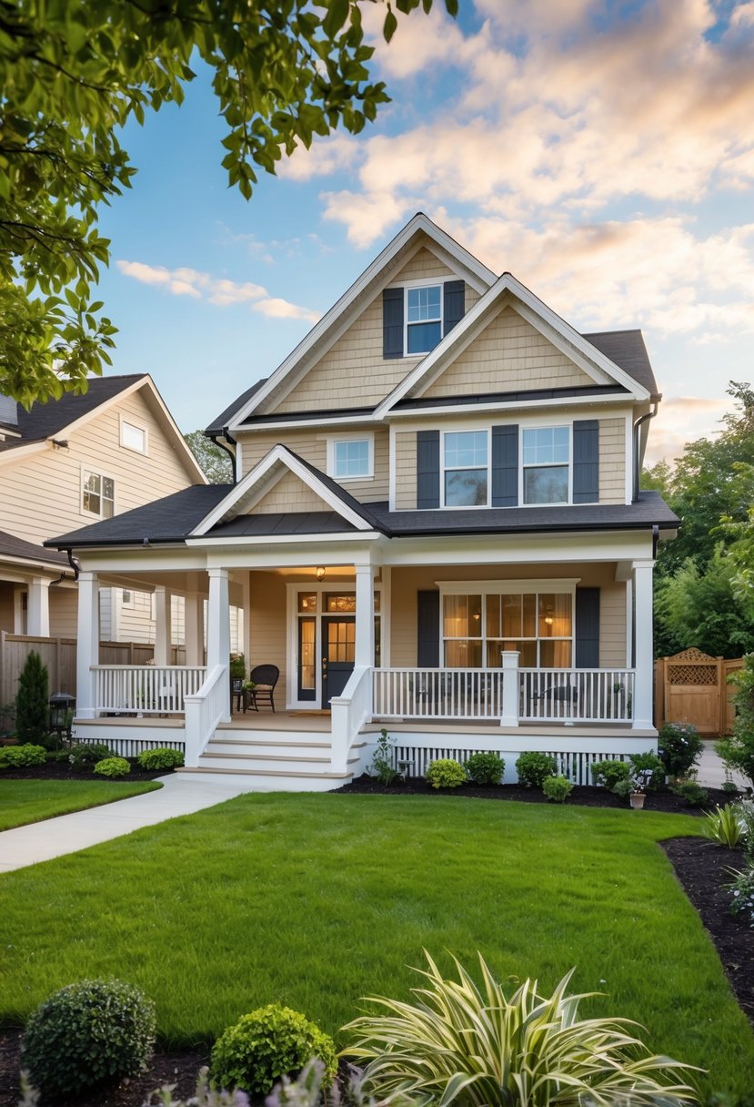 Simple 4 Bedroom House Plans: Efficient Designs for Modern Living 6 A cozy 4-bedroom house with a gabled roof, large windows, and a spacious front porch, surrounded by a well-maintained garden