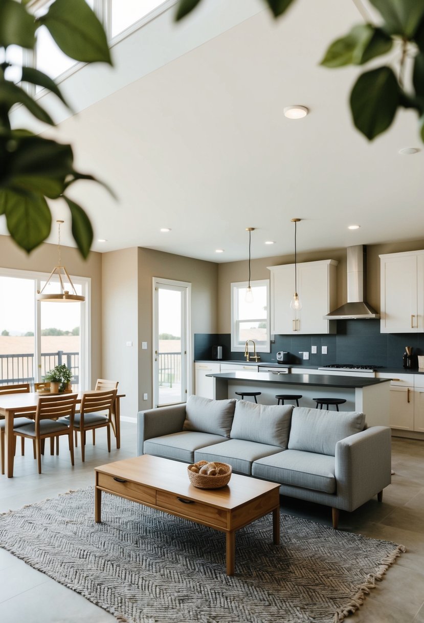 Simple 4 Bedroom House Plans: Efficient Designs for Modern Living 10 A single-story 4-bedroom house with a simple, open floor plan, featuring a spacious living room, kitchen, and dining area, with large windows and a cozy outdoor patio