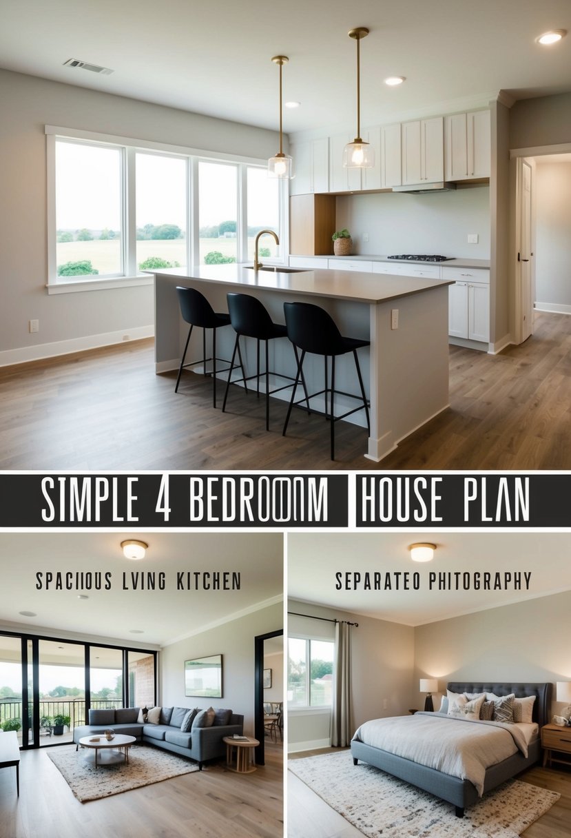 Simple 4 Bedroom House Plans: Efficient Designs for Modern Living 14 A simple 4 bedroom house plan with a spacious living area, open kitchen, and separate bedrooms for privacy