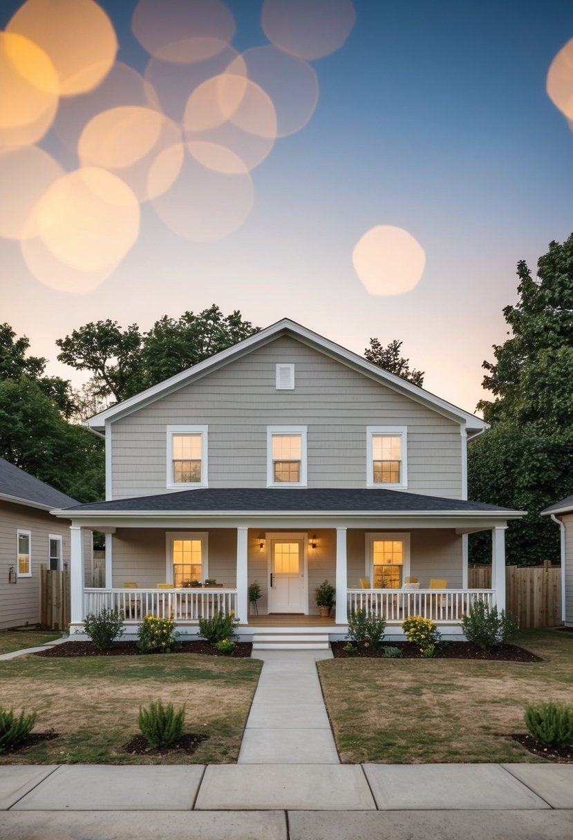 Simple 4 Bedroom House Plans: Efficient Designs for Modern Living 17 A cozy 4-bedroom house with a simple design, featuring a spacious living room, kitchen, and dining area, surrounded by a small garden and a front porch