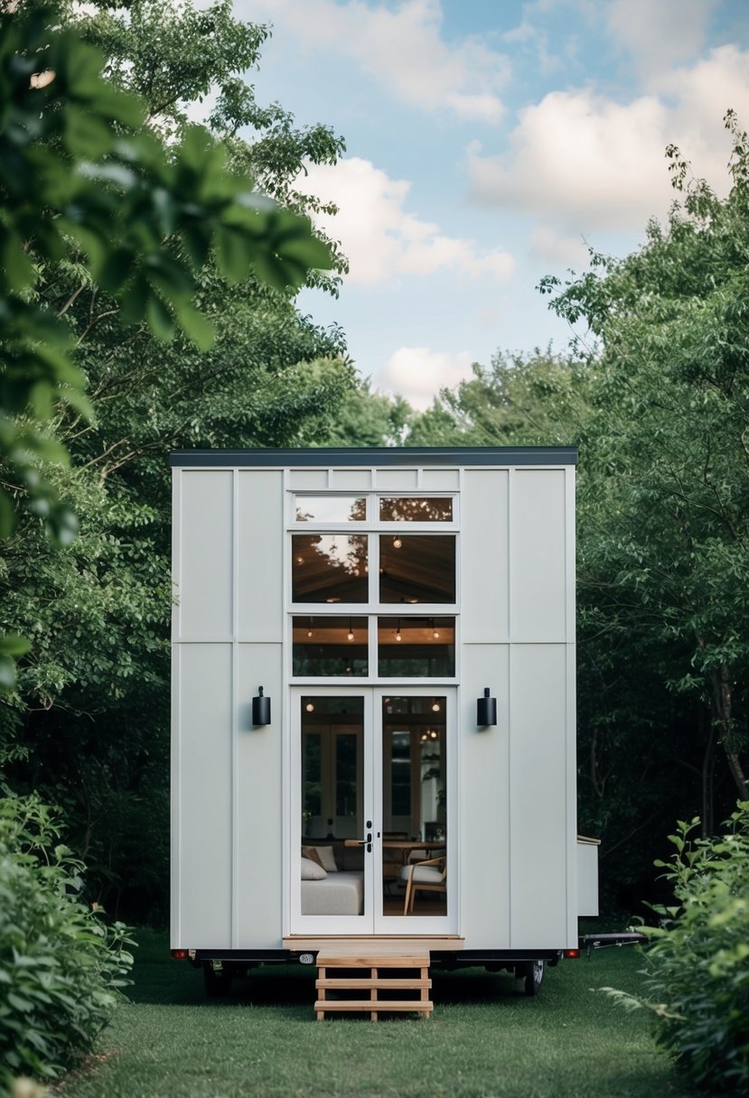 TikTokers $30k Tiny Home Sparks Viral Sensation Among Minimalism Enthusiasts 7 A cozy, minimalist tiny home surrounded by lush greenery, with large windows and a modern design, capturing the attention of thousands on social media