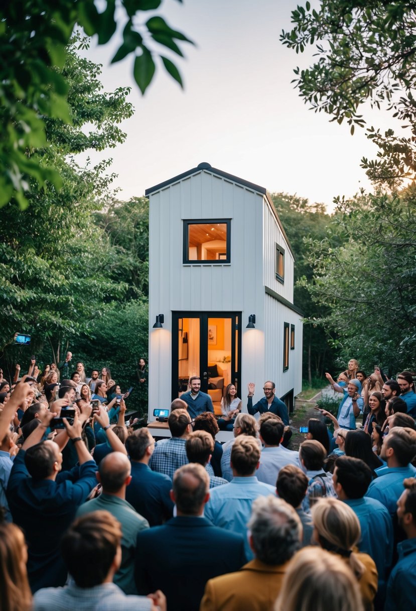 TikTokers $30k Tiny Home Sparks Viral Sensation Among Minimalism Enthusiasts 9 A cozy, minimalist tiny home surrounded by lush greenery, with a crowd of excited onlookers and a flurry of social media activity