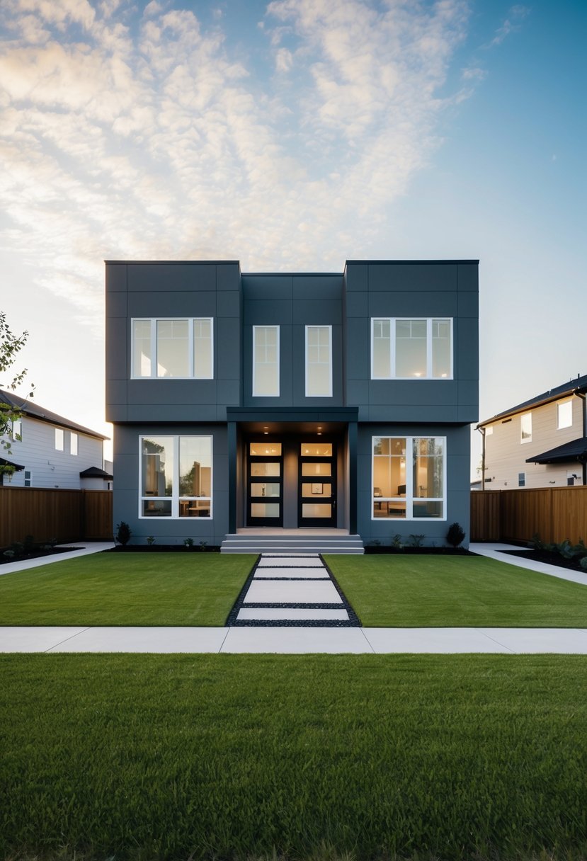 A modern, two-story Bloxburg house with a spacious front yard, large windows, and a sleek, minimalist design