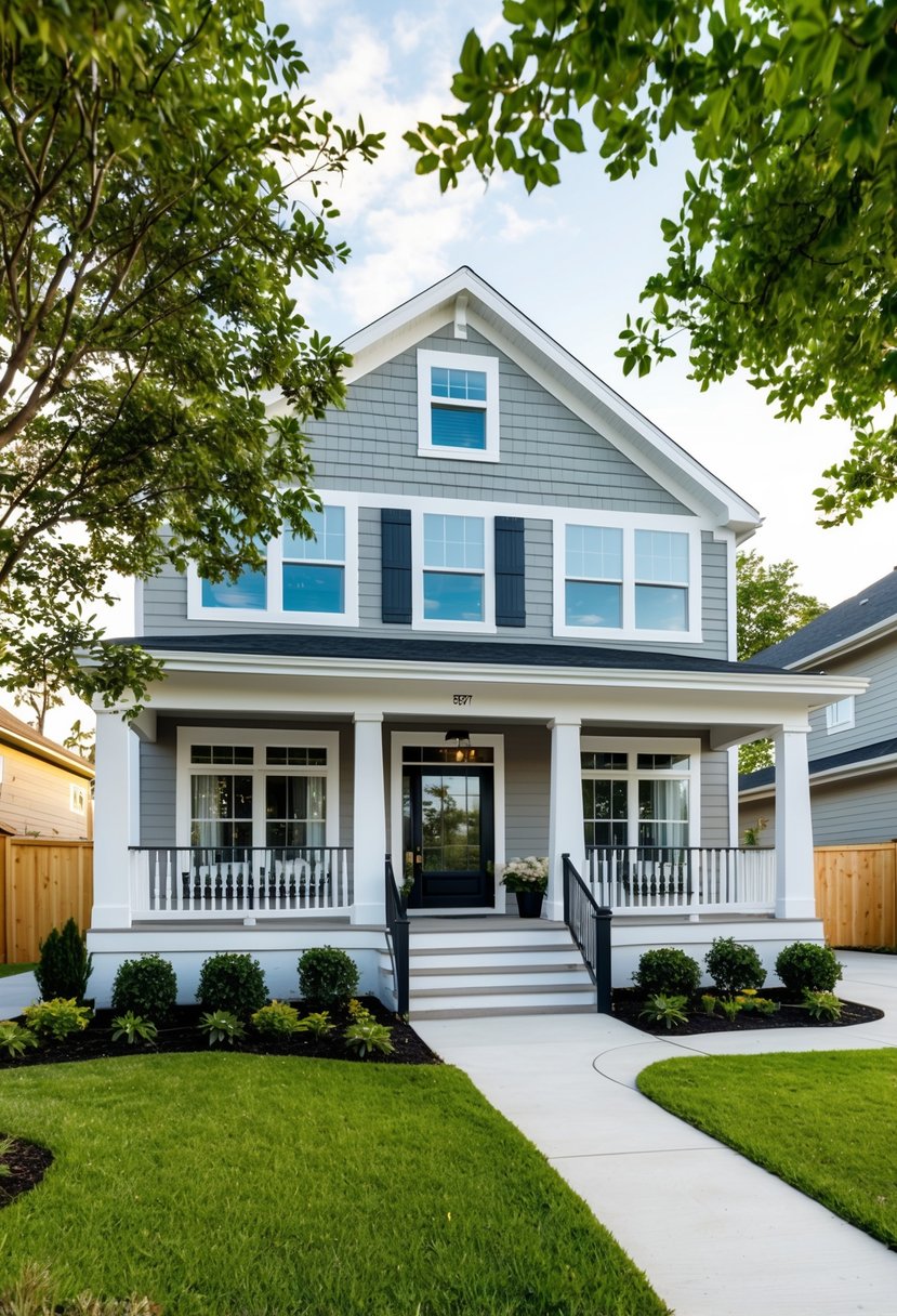A cozy Bloxburg house with a spacious front yard and a well-maintained garden, featuring a modern design with large windows and a welcoming front porch