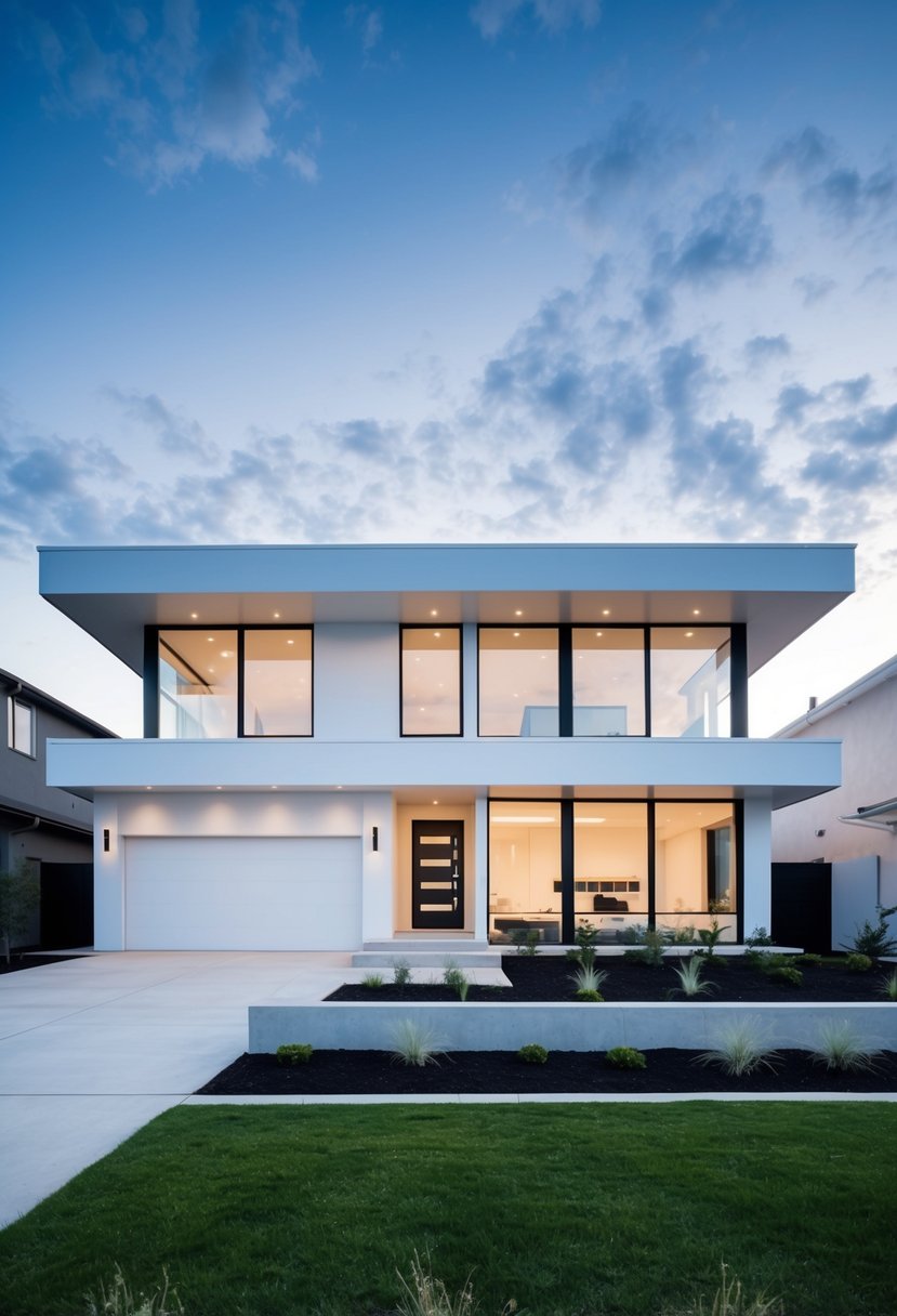 A sleek modern house with large windows, a flat roof, and minimalist landscaping in the front yard