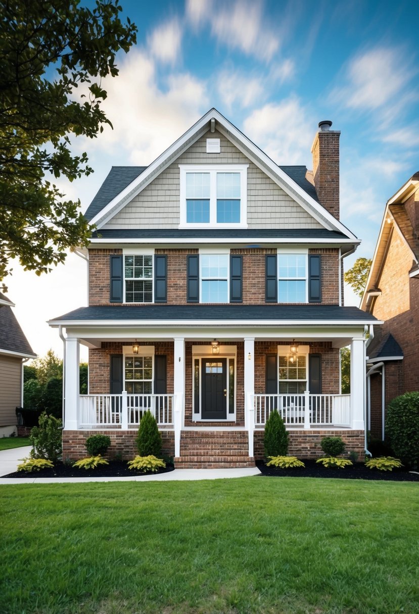 A cozy two-story family house with a spacious front yard, a welcoming porch, and large windows. The exterior features a mix of brick and siding, with a gabled roof and a chimney