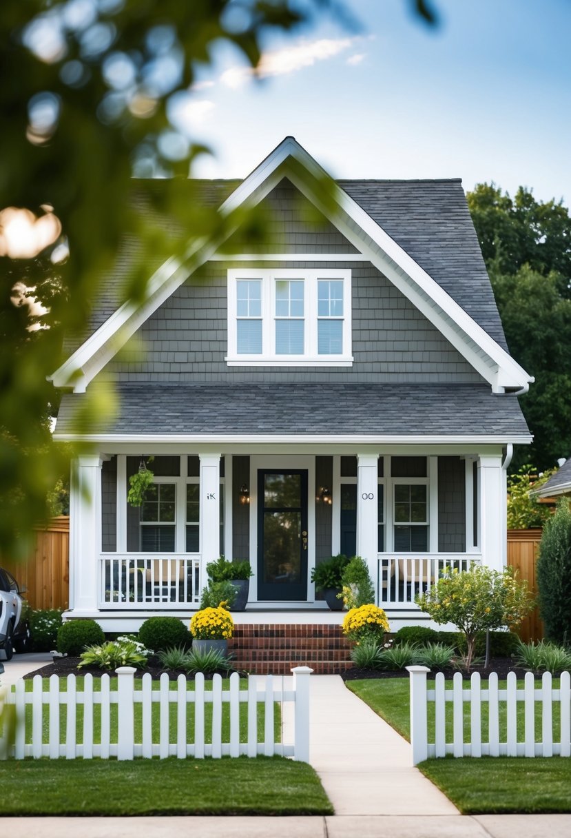 A cozy suburban house with a sloped roof, a front porch, and a neatly manicured garden with a picket fence
