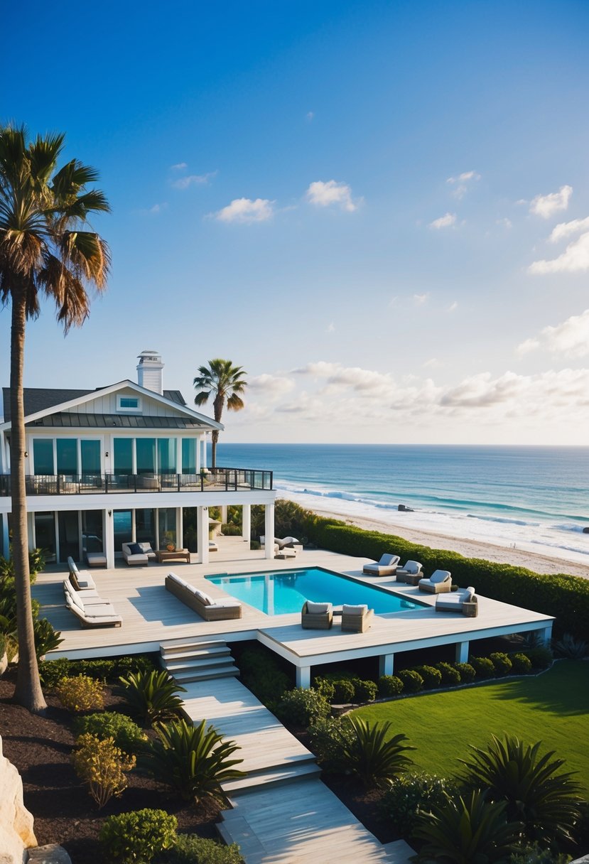 A spacious beach house with a large deck, outdoor seating, and a pool overlooking the ocean. Palm trees and lush landscaping surround the property