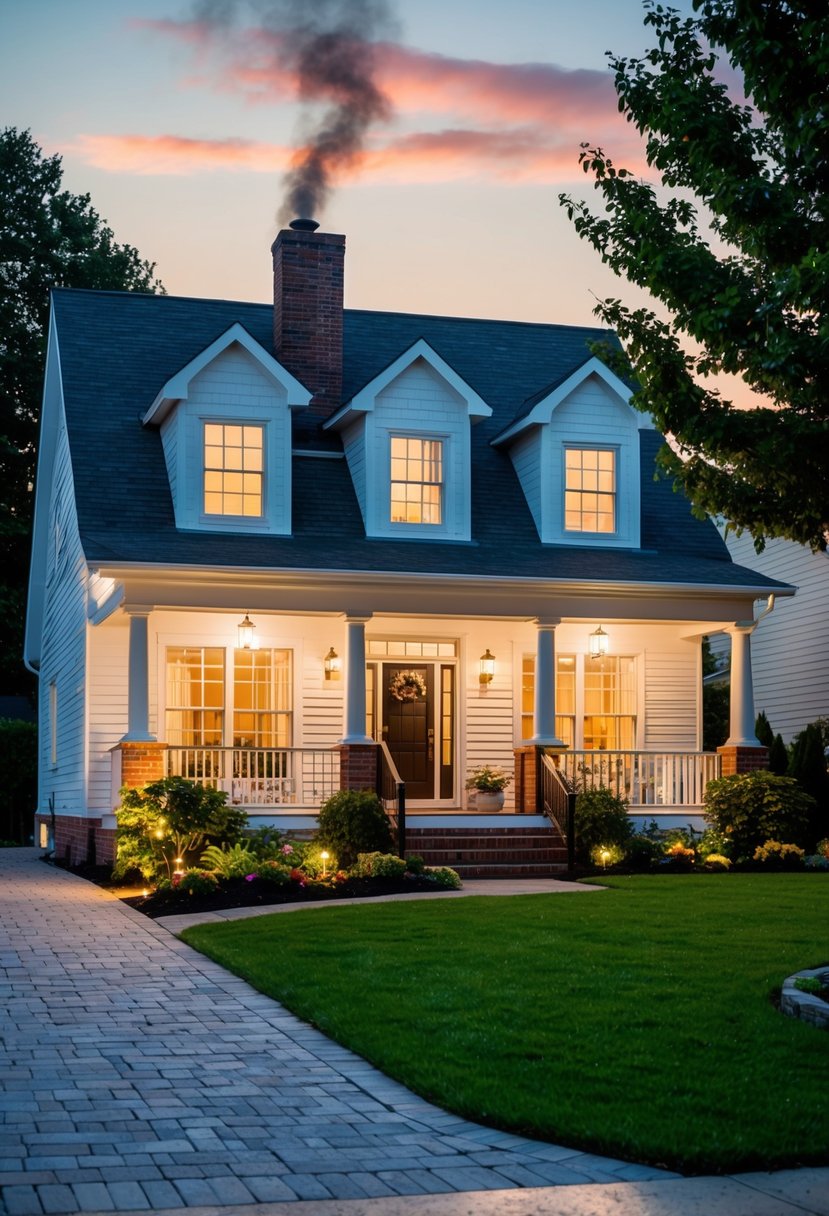 A cozy suburban house with a welcoming front porch, lush garden, and a neatly paved driveway. Warm lights glow from the windows, and a chimney releases a wisp of smoke into the evening sky