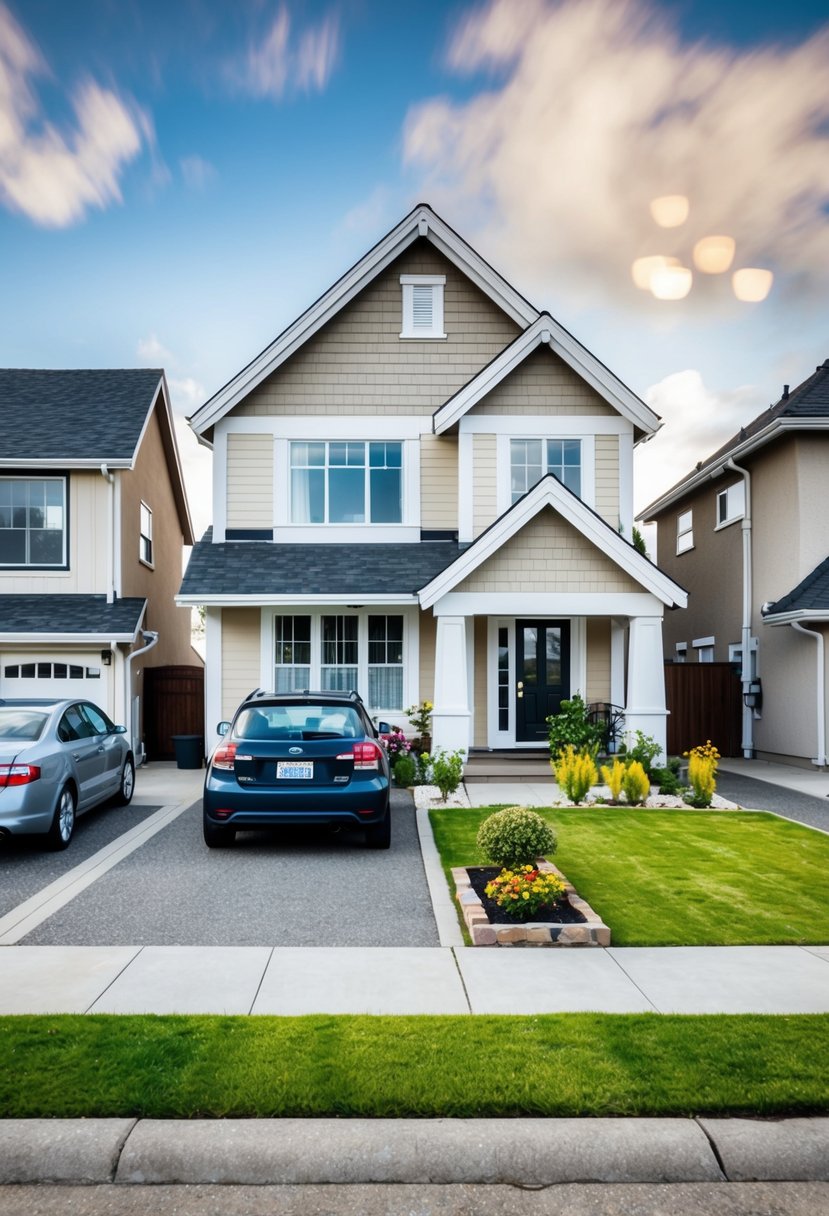 A cozy suburban house with a sloped roof, large windows, and a spacious front yard. A car is parked in the driveway, and a small garden decorates the front of the house