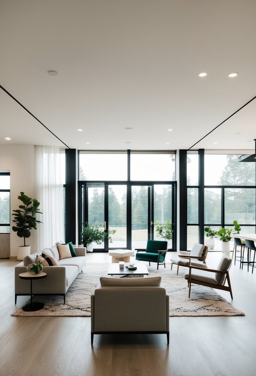 An open floor plan with modern furniture and large windows, allowing natural light to fill the space. A minimalist color scheme with pops of greenery