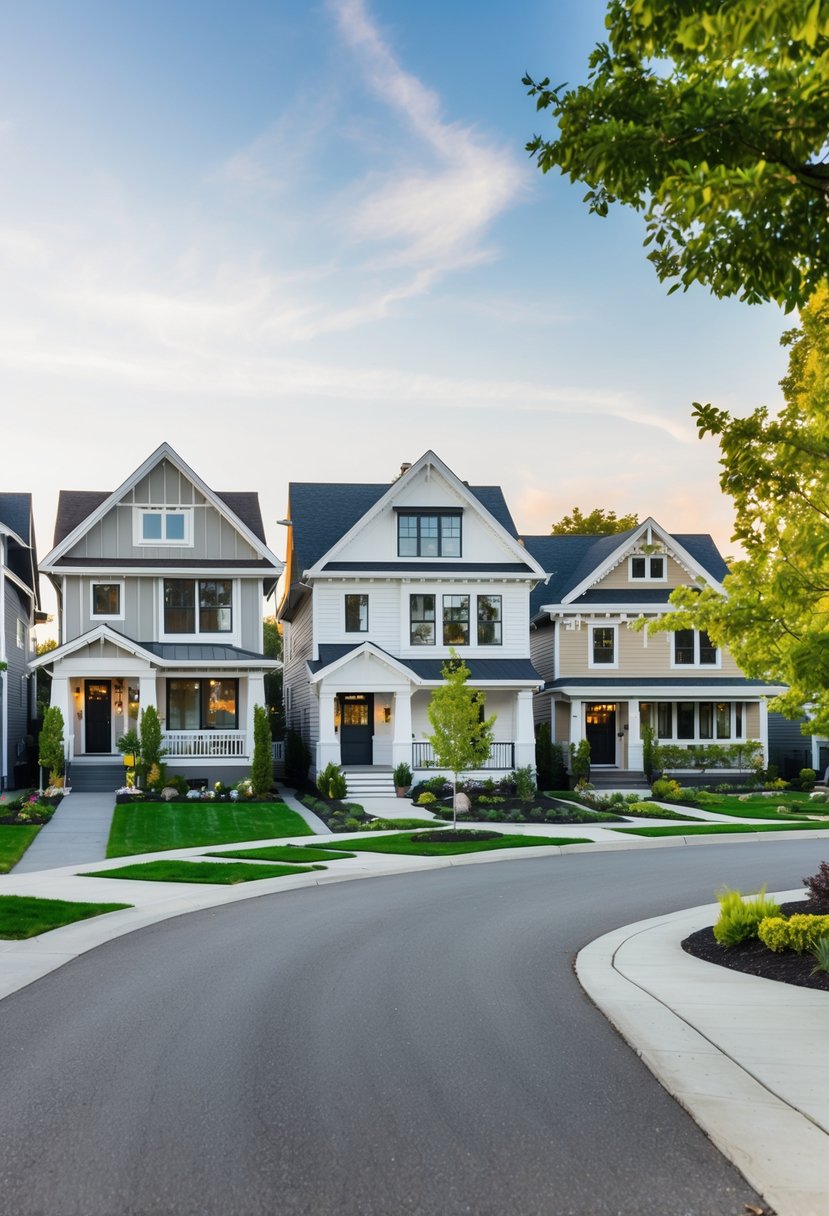 A suburban street with diverse house styles: modern, colonial, and craftsman. Each home has unique architectural features and landscaping