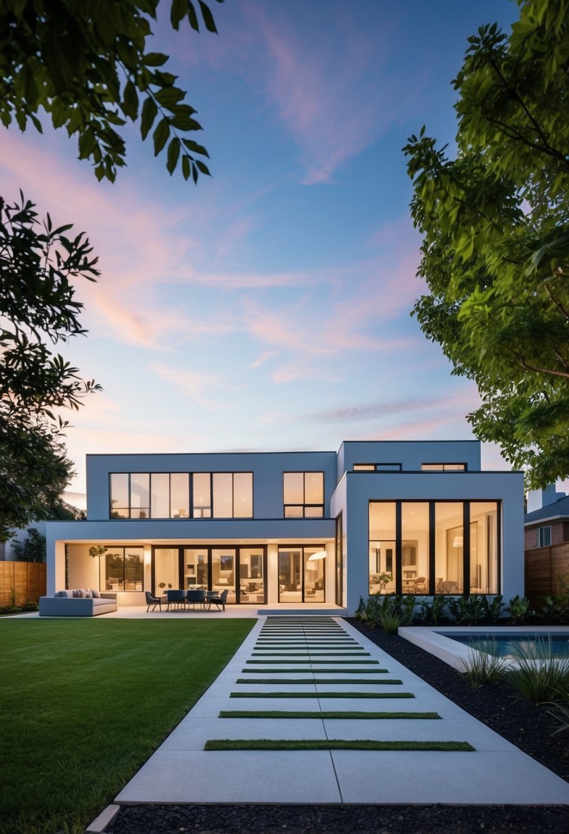 A modern Bloxburg house with sleek lines and large windows, surrounded by lush landscaping and a spacious outdoor living area
