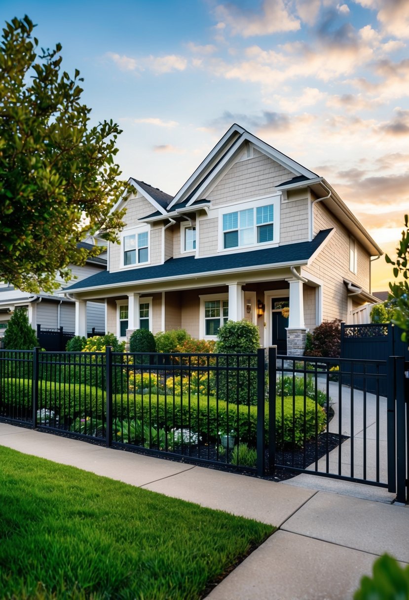 A cozy suburban house with high fences, security cameras, and lush landscaping for privacy and safety considerations
