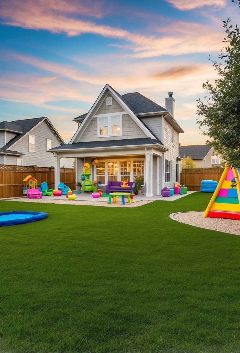 A cozy Bloxburg house with a spacious backyard, featuring an outdoor play area and colorful decorations for a fun and inviting atmosphere