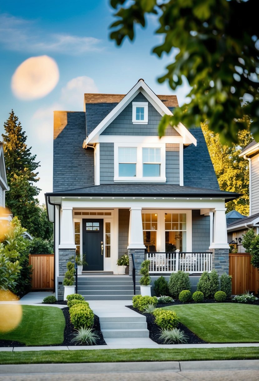 A cozy suburban house with a well-manicured garden and a welcoming front porch. The house features modern architecture and stylish interior design