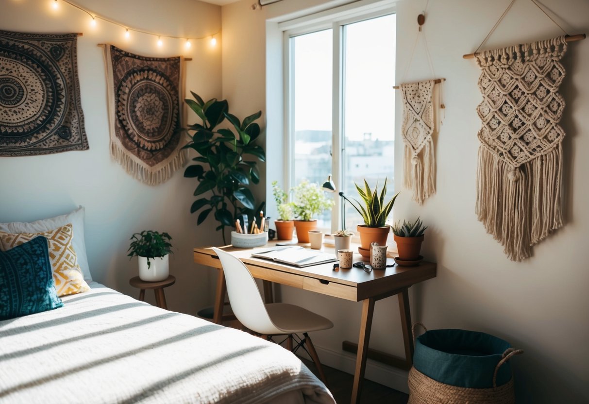 A cozy, sunlit bedroom with fairy lights, potted plants, and wall tapestries. A desk holds art supplies and a handmade macramé wall hanging