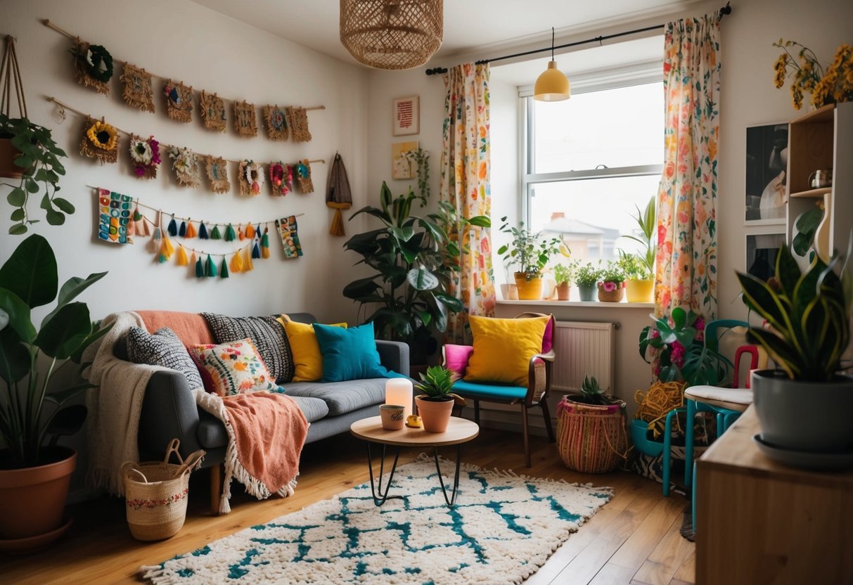 A cozy, cluttered room with handmade decorations and colorful accents. DIY wall art, potted plants, and mismatched furniture create a warm, eclectic atmosphere